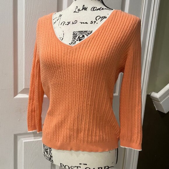 PREPPY COQUETTE CABLE KNIT SWEATER RALPH LAUREN 100% COTTON V NECK SZ PM CORAL - Picture 10 of 16